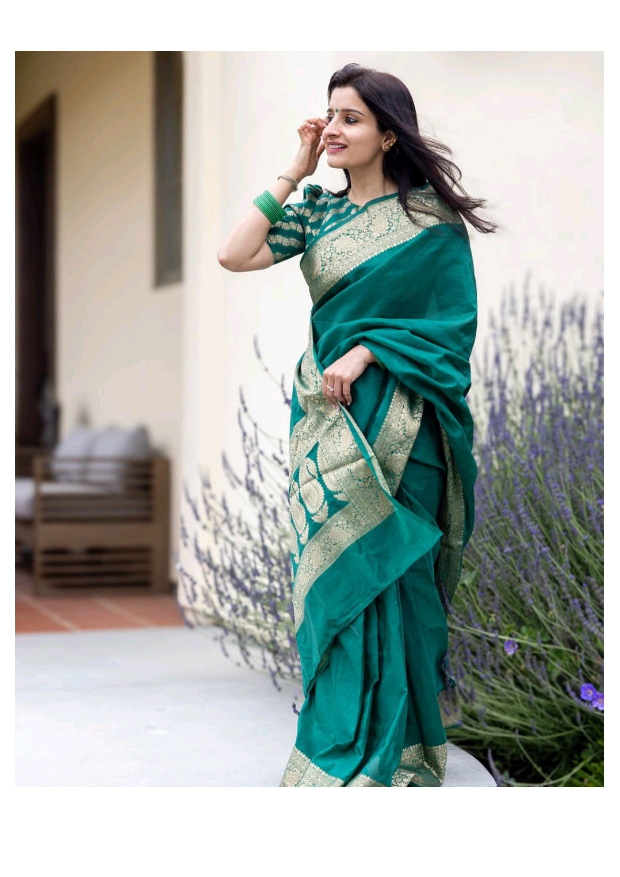 Emerald Green Silk Saree with Golden Zari Border