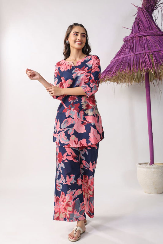 Navy Blue & Pink Floral Printed Cotton Co-Ord Set