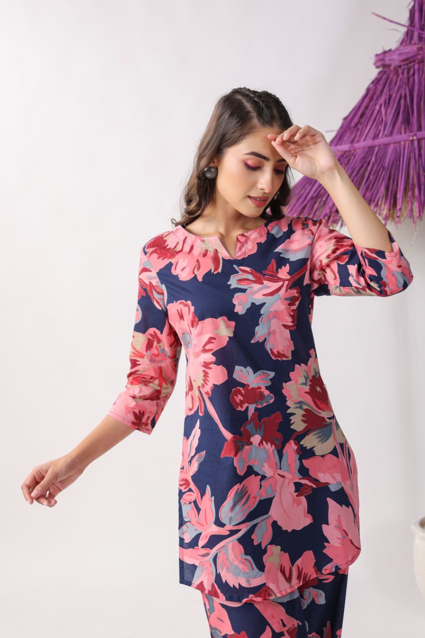 Navy Blue & Pink Floral Printed Cotton Co-Ord Set