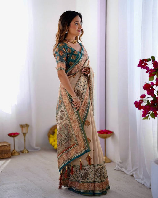 Elegant Beige & Teal Printed Linen Blend Saree with Traditional Border Design