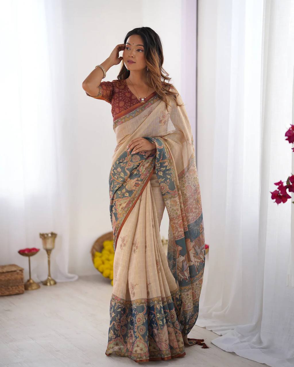 Women's Premium Linen Cotton Saree – Floral Digital Print with Rich Border & Pallu