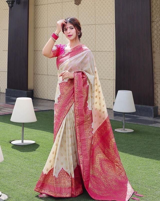 Royal Cream & Pink Banarasi Silk Saree with Golden Zari Weaving