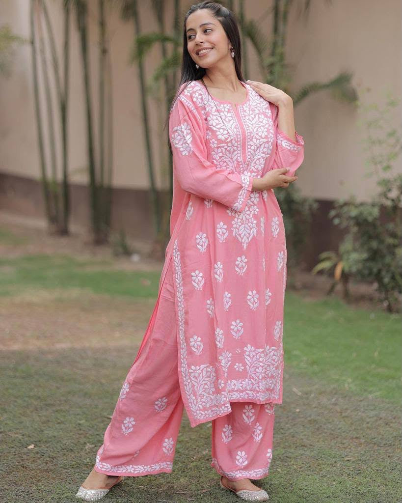 Premium Lucknowi Chikankari Kurta Pant Set for Women