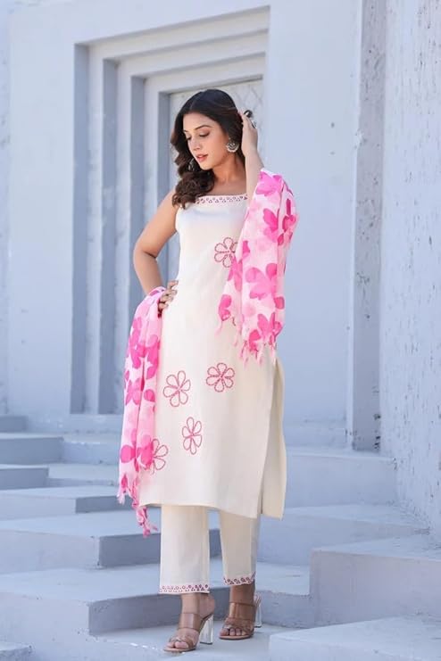 Elegant Off-White Floral Kurta Set with Printed Dupatta