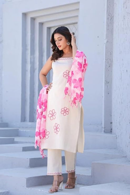 Elegant Off-White Floral Kurta Set with Printed Dupatta