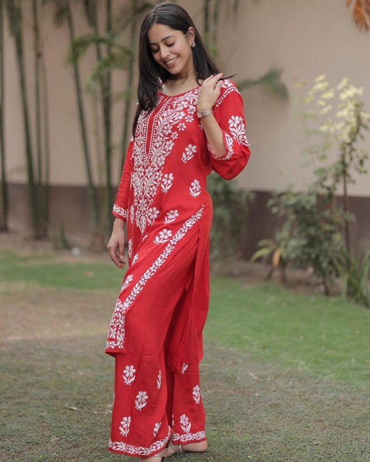 Premium Lucknowi Chikankari Kurta Pant Set for Women
