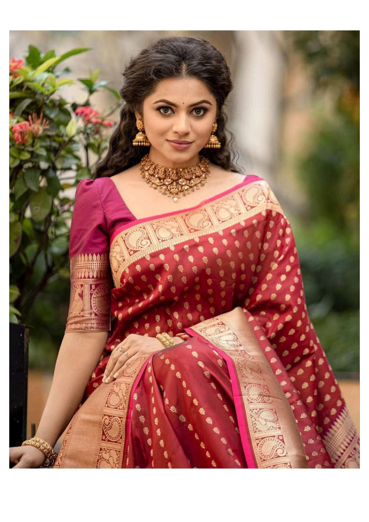 Maroon Banarasi Silk Saree with Golden Zari Border