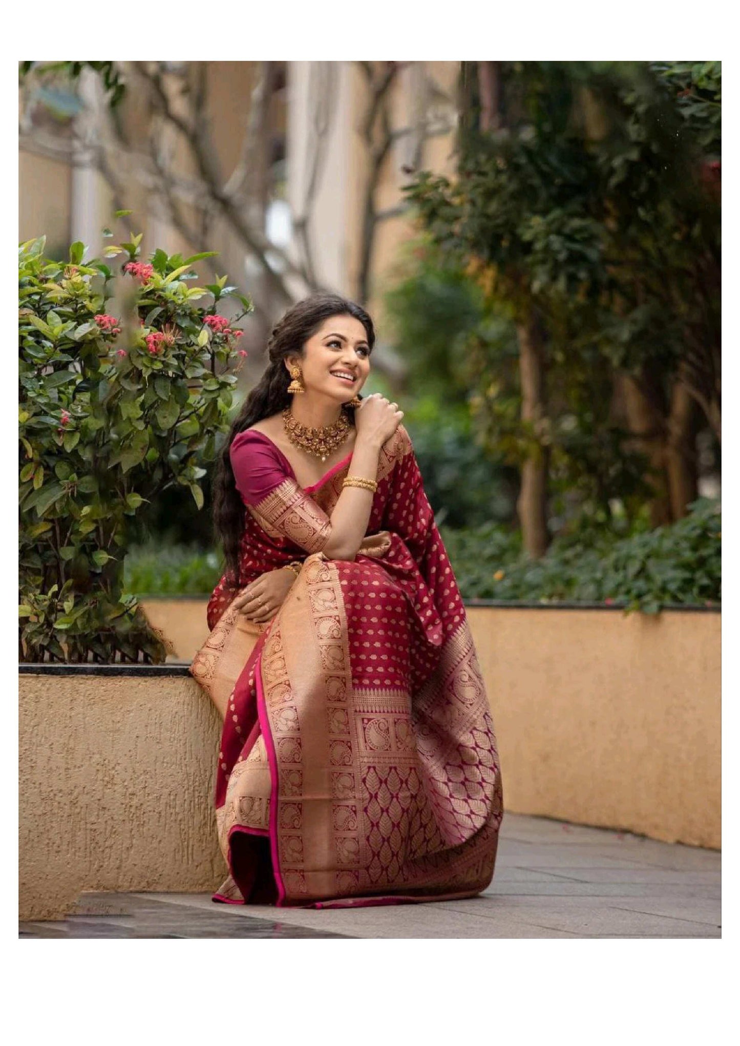 Maroon Banarasi Silk Saree with Golden Zari Border