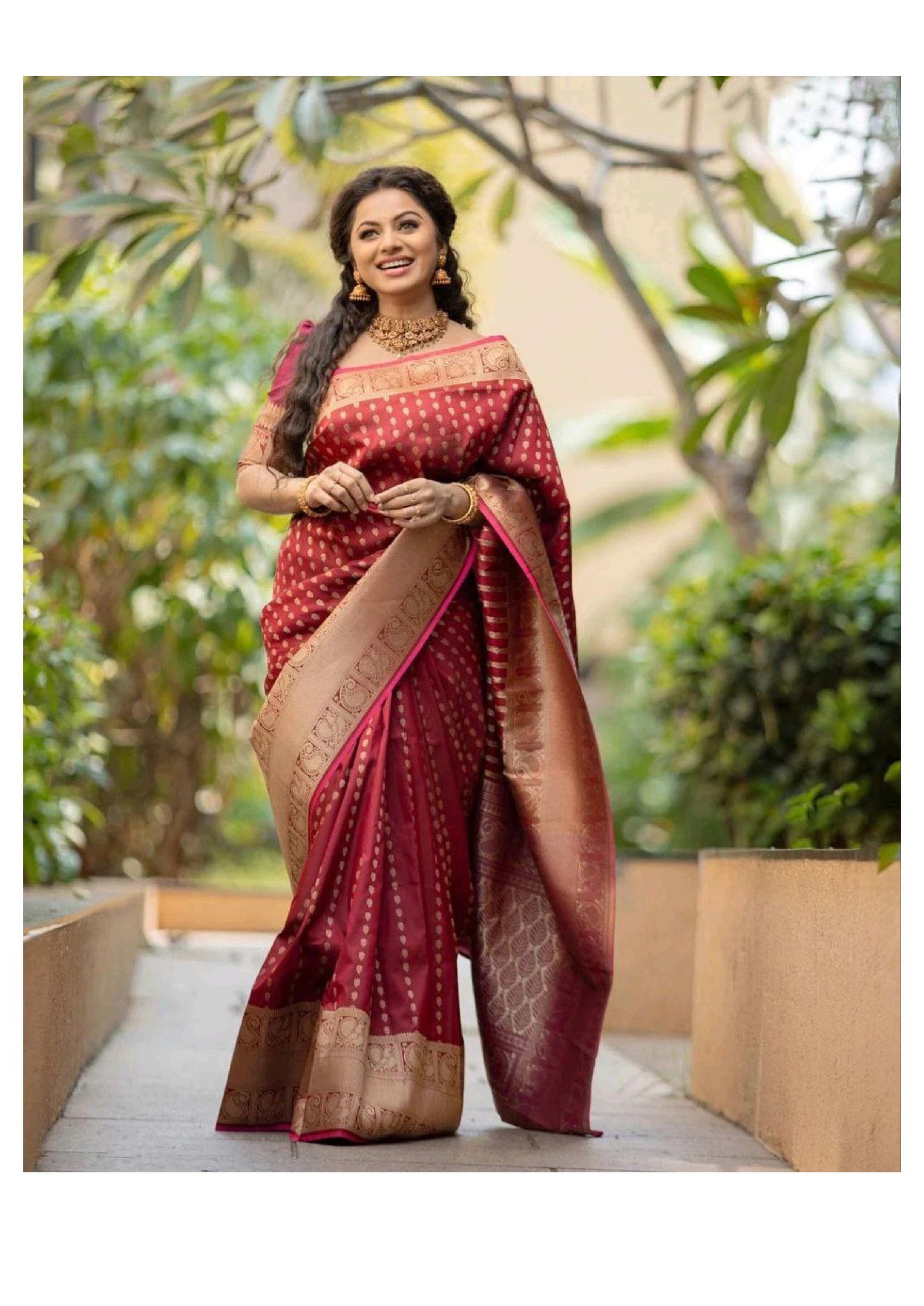 Maroon Banarasi Silk Saree with Golden Zari Border