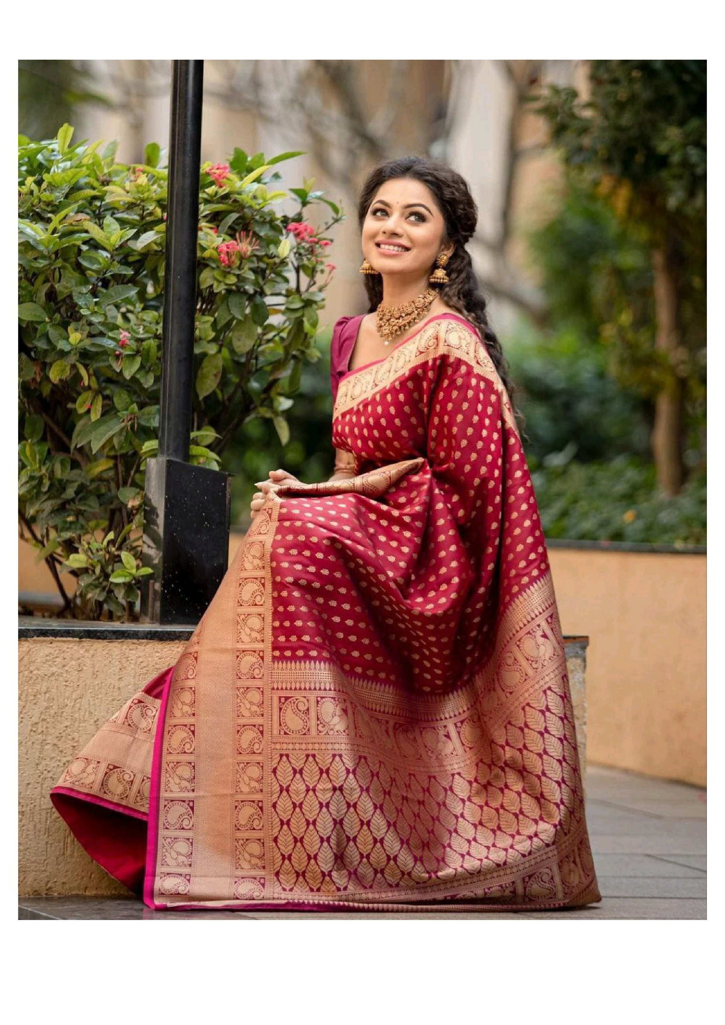 Maroon Banarasi Silk Saree with Golden Zari Border