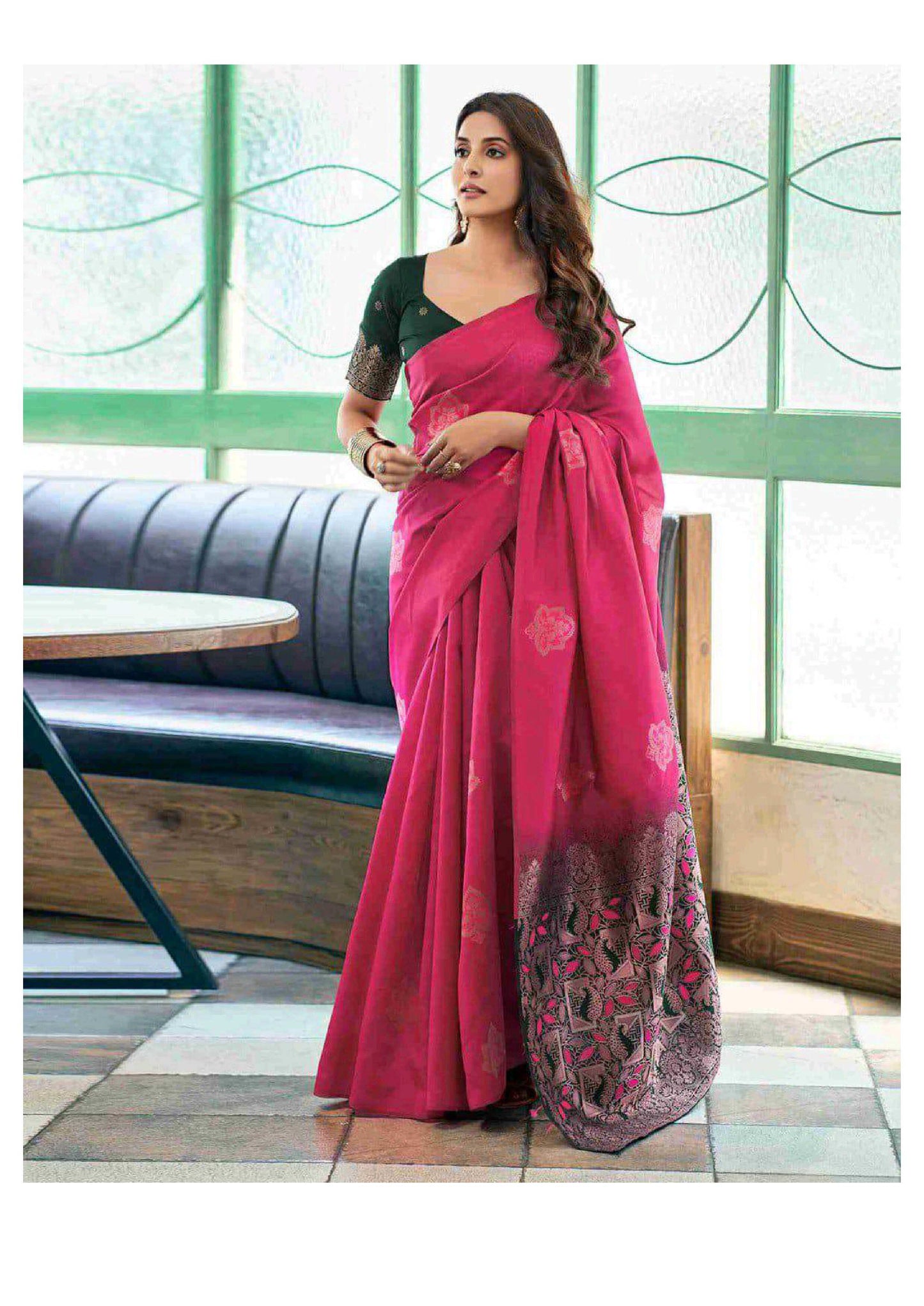 Vibrant Rani Pink Silk Blend Saree