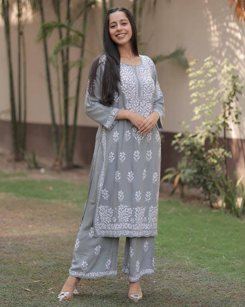 Premium Lucknowi Chikankari Kurta Pant Set for Women