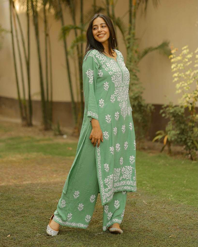 Premium Lucknowi Chikankari Kurta Pant Set for Women