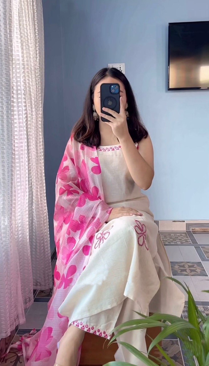 Elegant Off-White Floral Kurta Set with Printed Dupatta