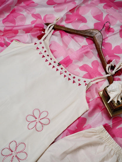 Elegant Off-White Floral Kurta Set with Printed Dupatta