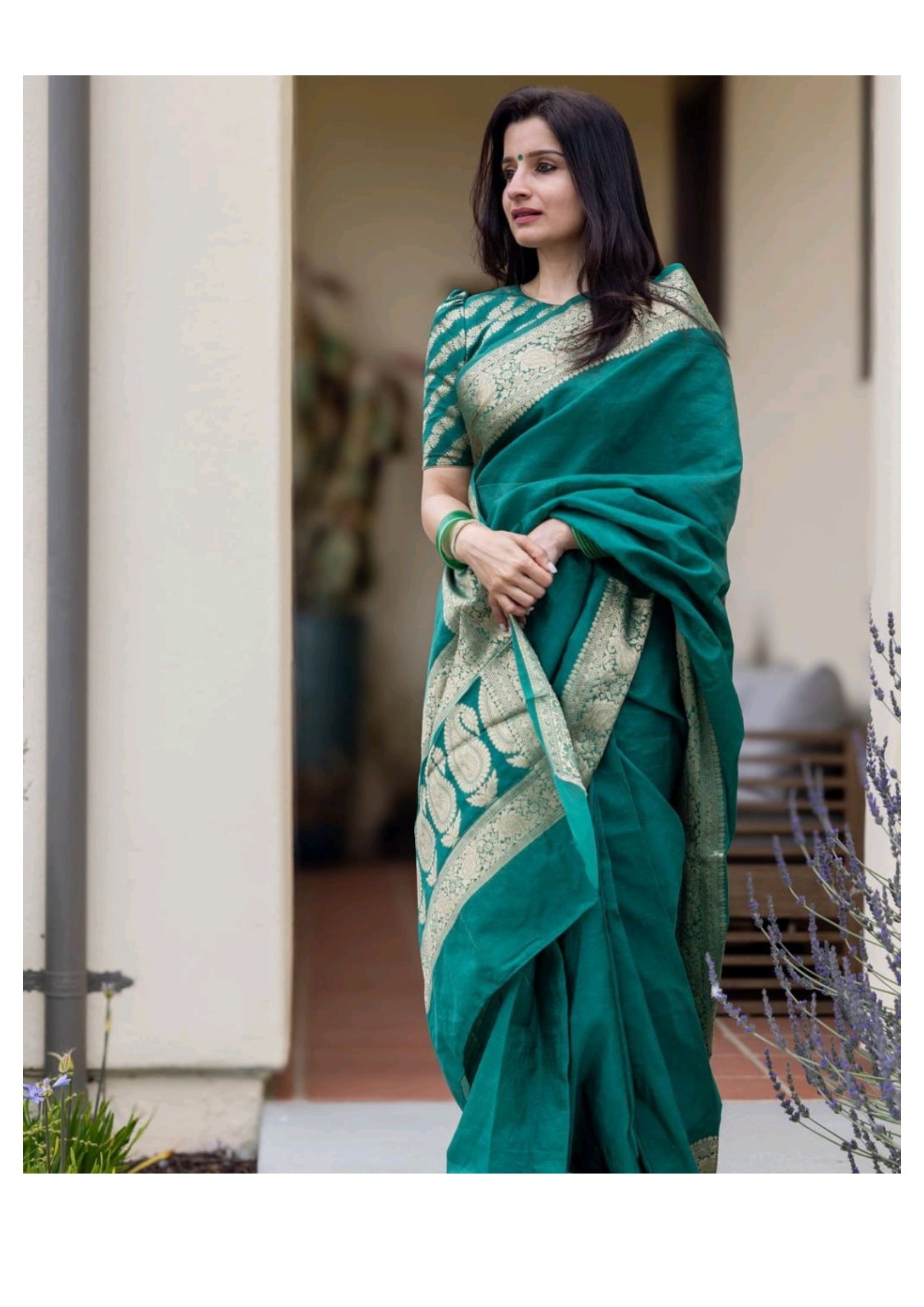 Emerald Green Silk Saree with Golden Zari Border