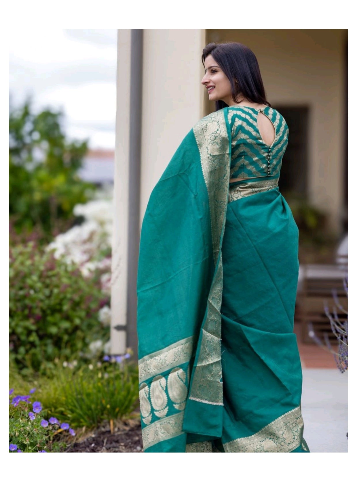 Emerald Green Silk Saree with Golden Zari Border
