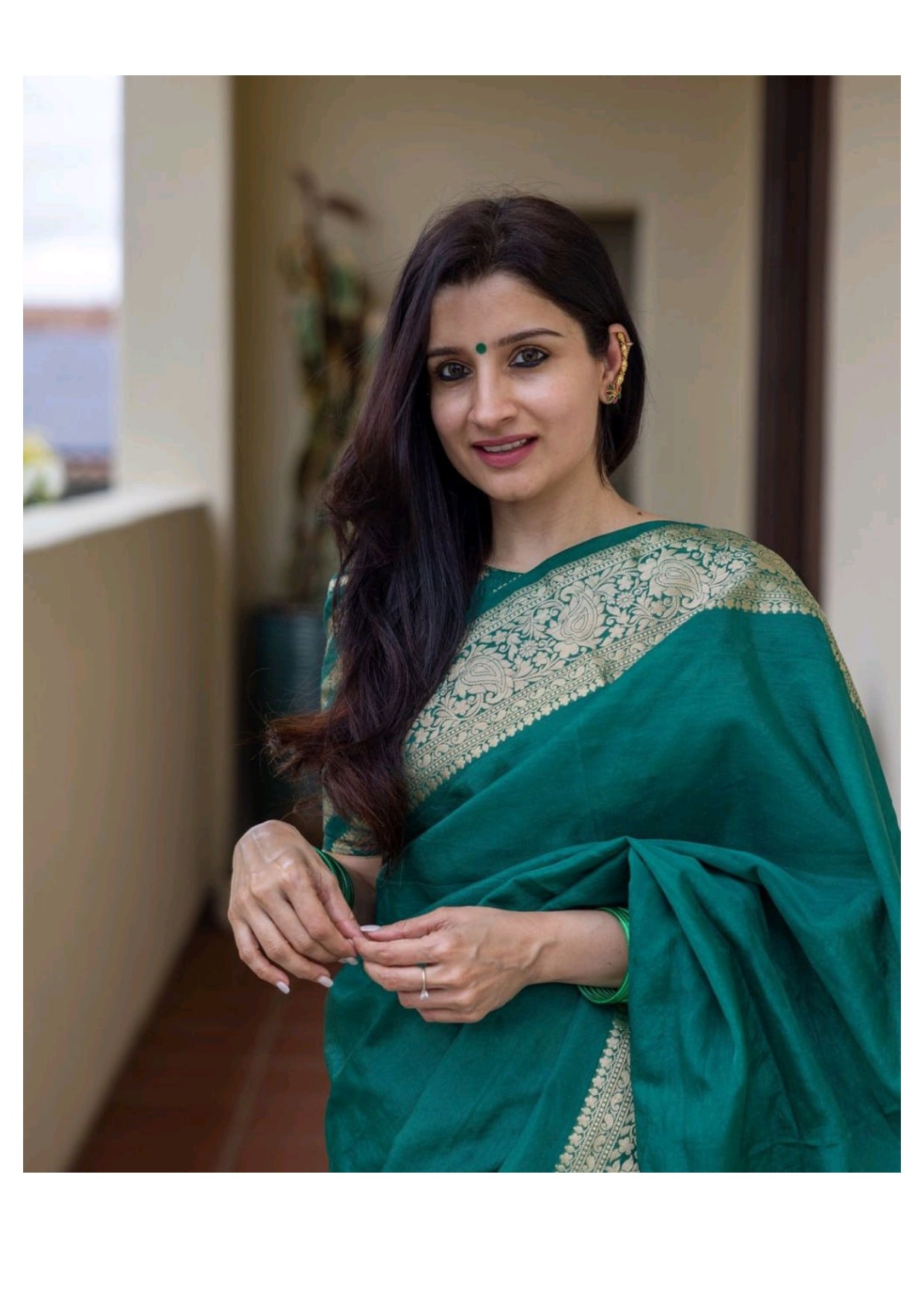 Emerald Green Silk Saree with Golden Zari Border