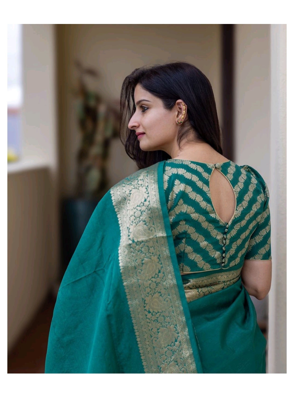 Emerald Green Silk Saree with Golden Zari Border