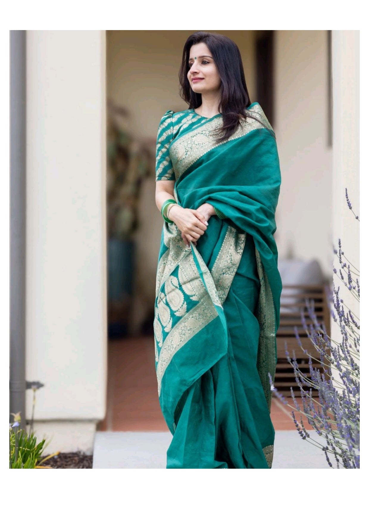 Emerald Green Silk Saree with Golden Zari Border