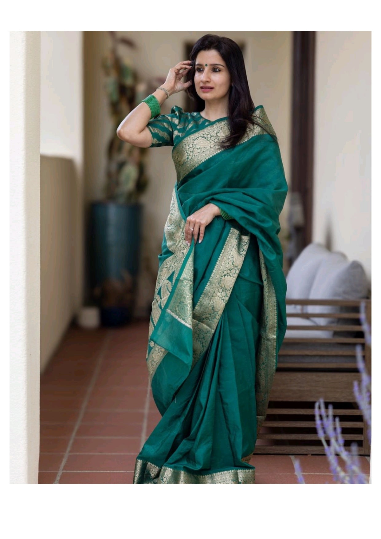 Emerald Green Silk Saree with Golden Zari Border