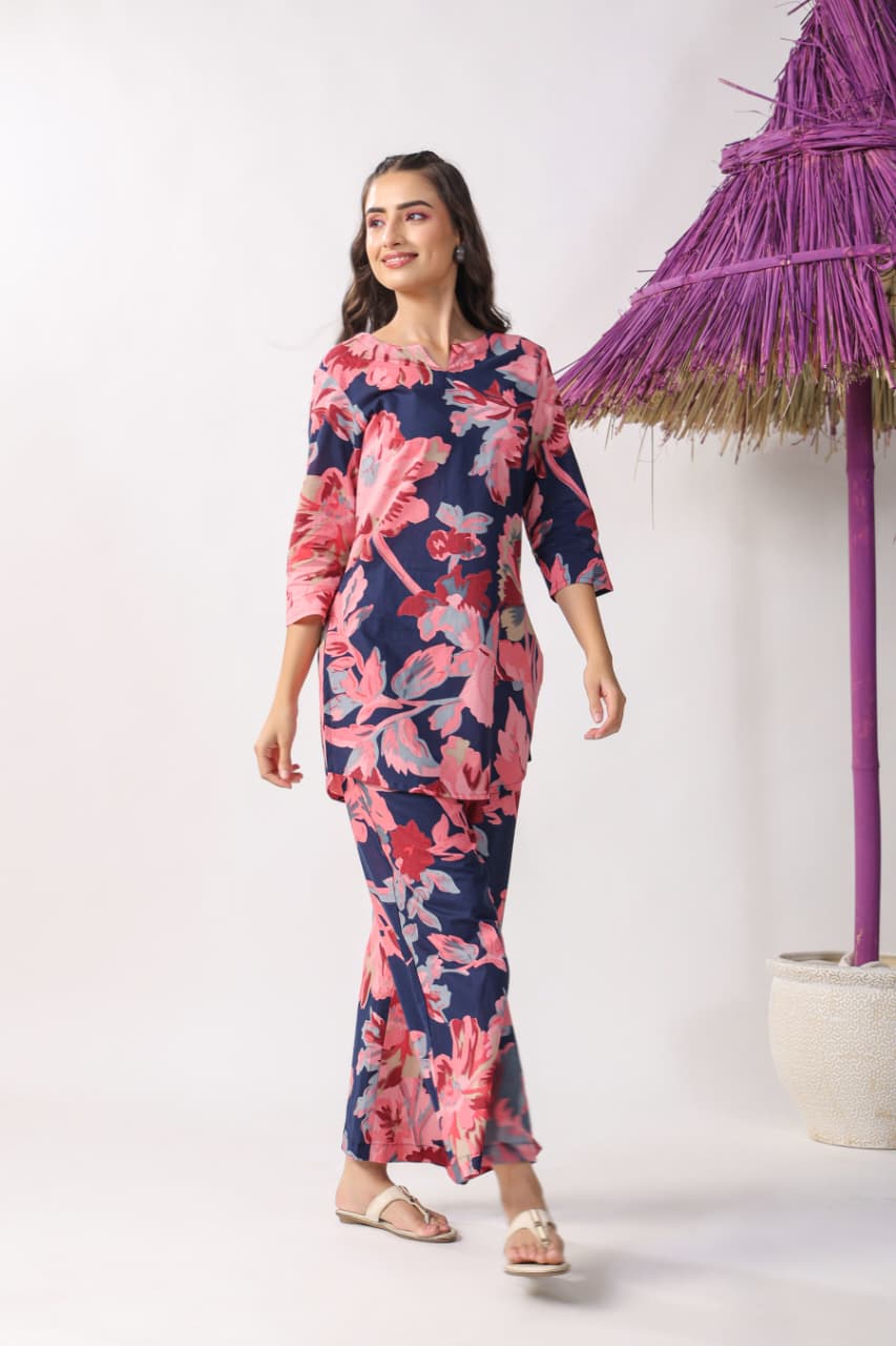 Navy Blue & Pink Floral Printed Cotton Co-Ord Set