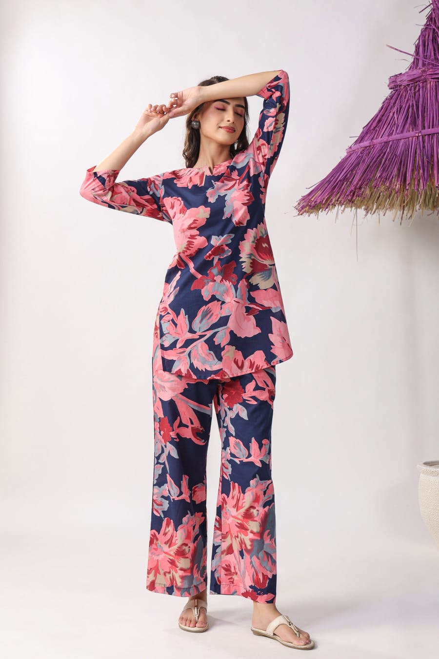 Navy Blue & Pink Floral Printed Cotton Co-Ord Set