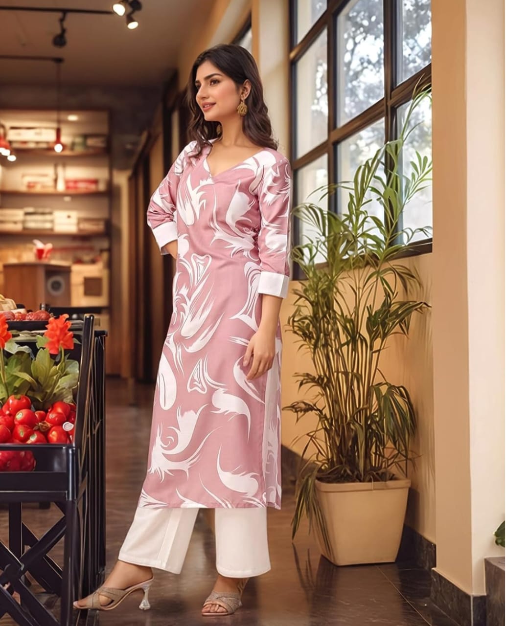 Women Pink Viscose Rayon Kurti Pant Set