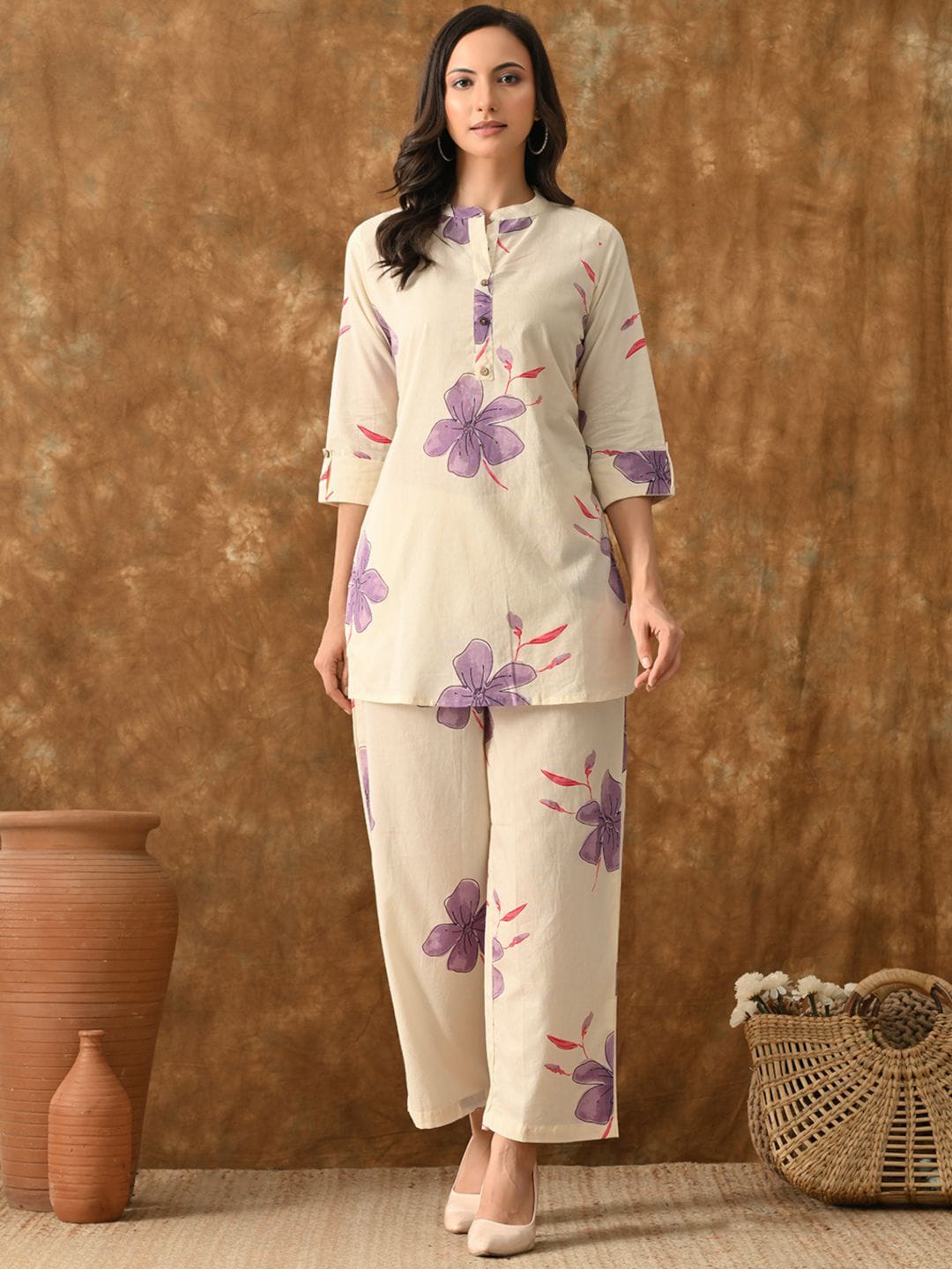 Off-white Purple Top Palazzos Co-ords Set with Shrug