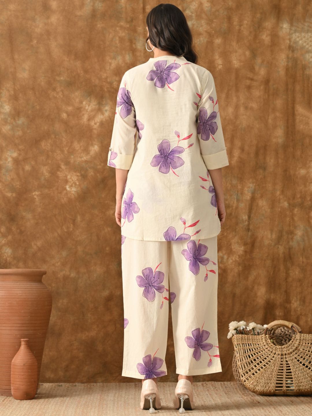 Off-white Purple Top Palazzos Co-ords Set with Shrug