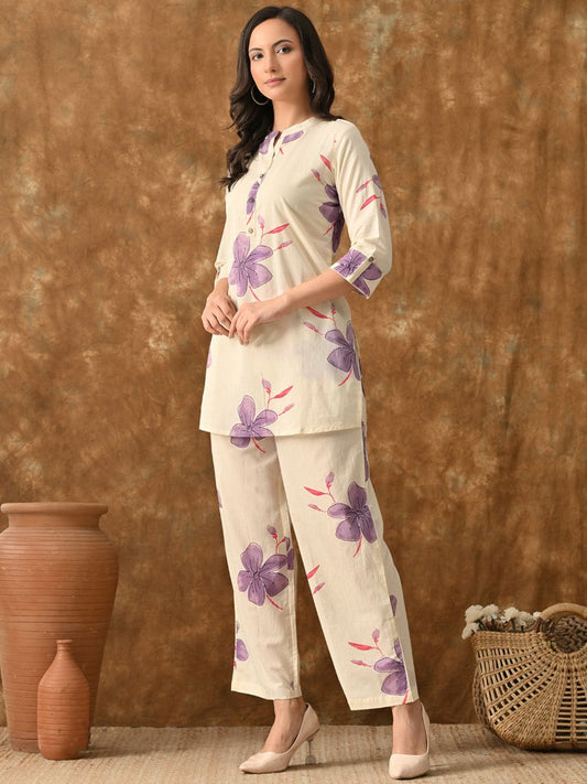 Off-white Purple Top Palazzos Co-ords Set with Shrug