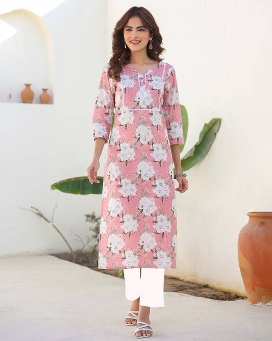 Pink Floral Printed Cotton Kurta set