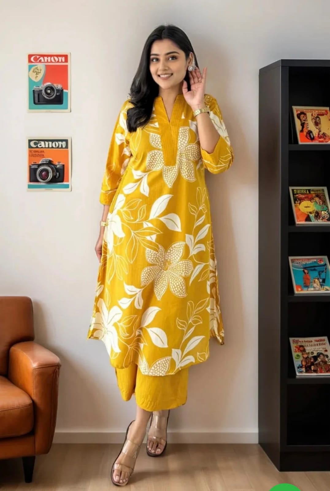 Women yellow Cotton Blend Kurti Palazzo Set