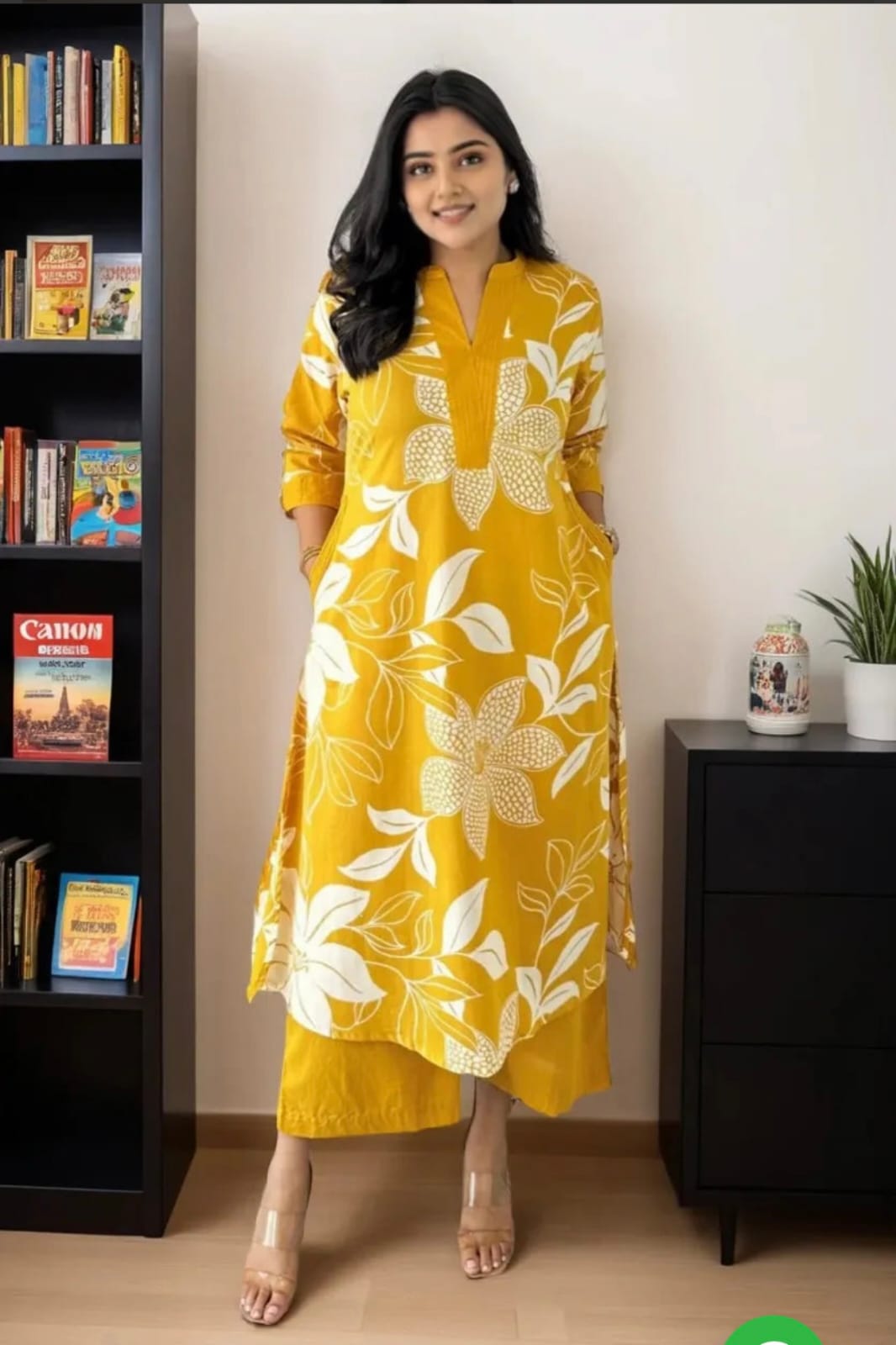Women yellow Cotton Blend Kurti Palazzo Set