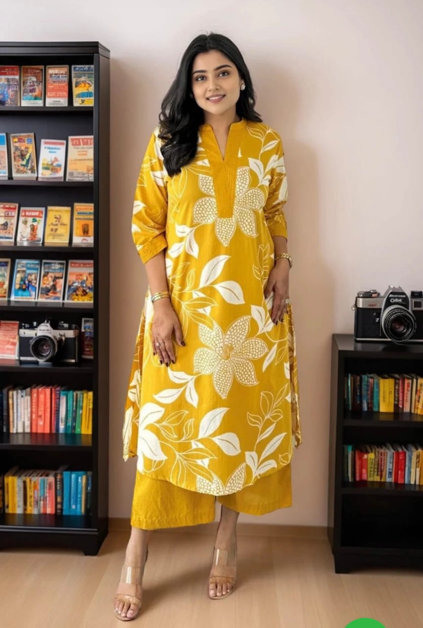 Women yellow Cotton Blend Kurti Palazzo Set