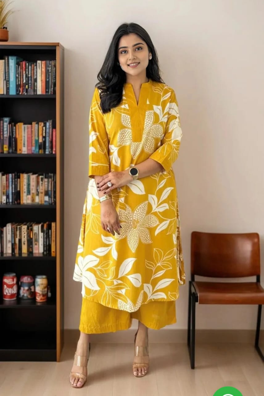Women yellow Cotton Blend Kurti Palazzo Set