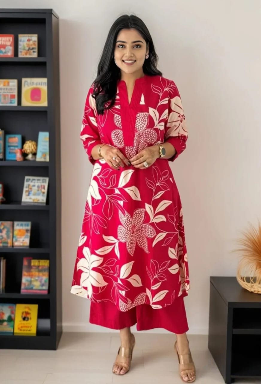 Women pink Cotton Blend Kurti Palazzo Set