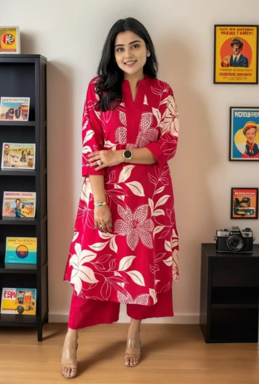 Women pink Cotton Blend Kurti Palazzo Set