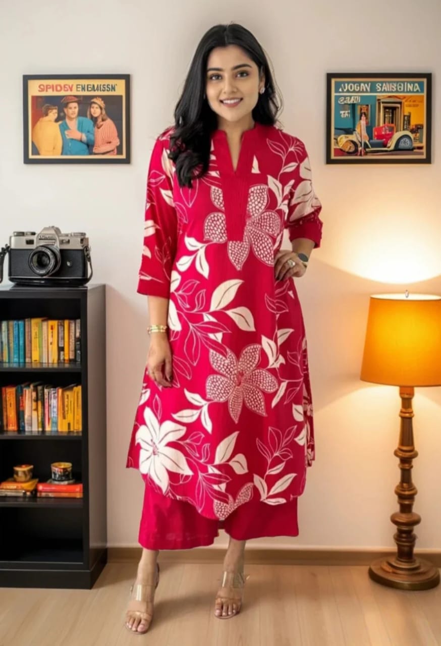 Women pink Cotton Blend Kurti Palazzo Set