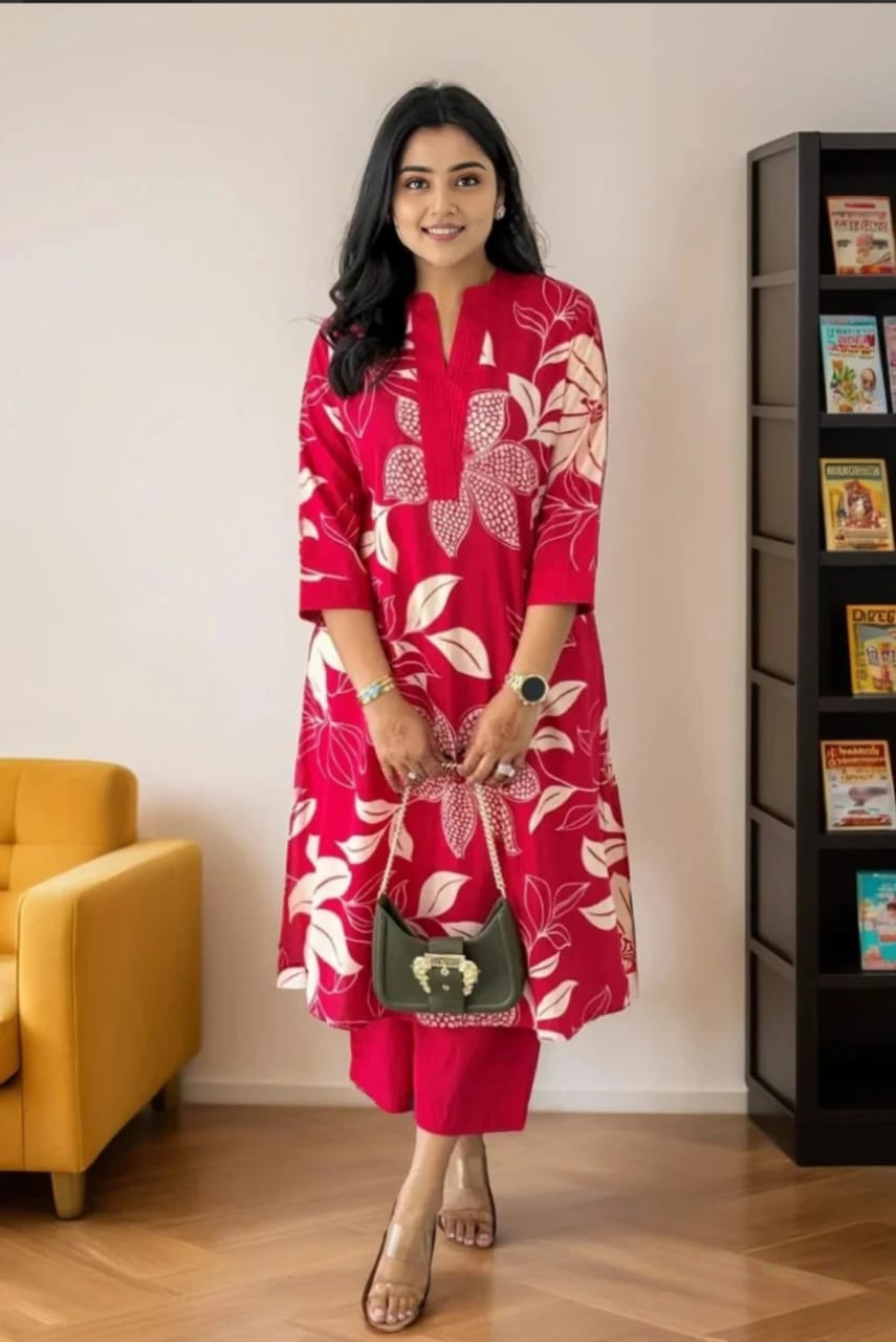 Women pink Cotton Blend Kurti Palazzo Set