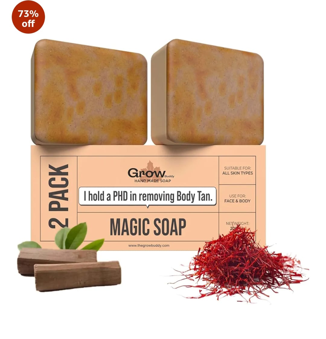GrowBuddy Sandalwood & Saffron Magic Soaps For Bath (100 Gms Pack Of 3) | Paraben Free | Chandan & Kesar Bath Soap | Handmade Soaps For Glowing | Skin Brightening Soap For Men & Women