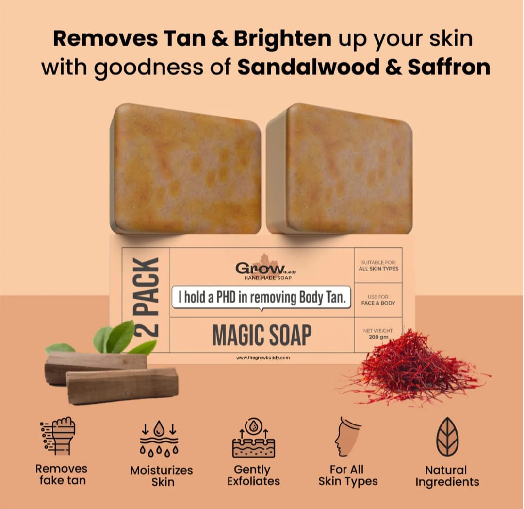GrowBuddy Sandalwood & Saffron Magic Soaps For Bath (100 Gms Pack Of 3) | Paraben Free | Chandan & Kesar Bath Soap | Handmade Soaps For Glowing | Skin Brightening Soap For Men & Women