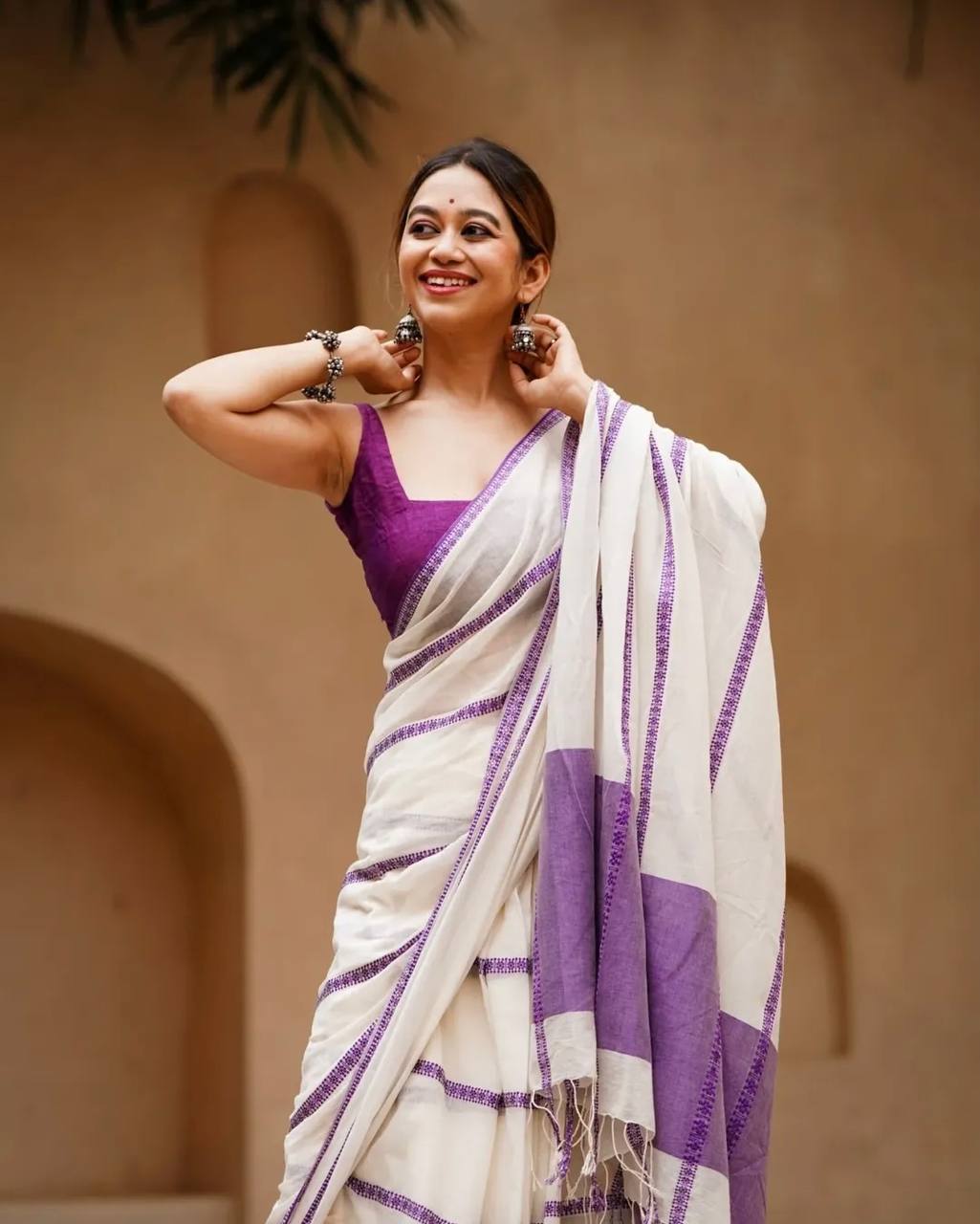 Women's White Linen Cotton Saree with Purple Woven Border