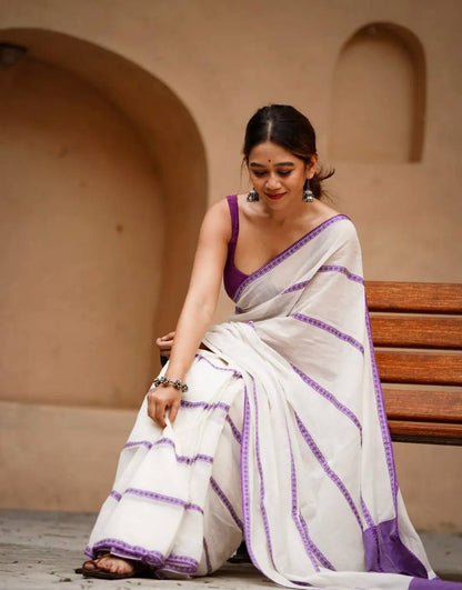 Women's White Linen Cotton Saree with Purple Woven Border