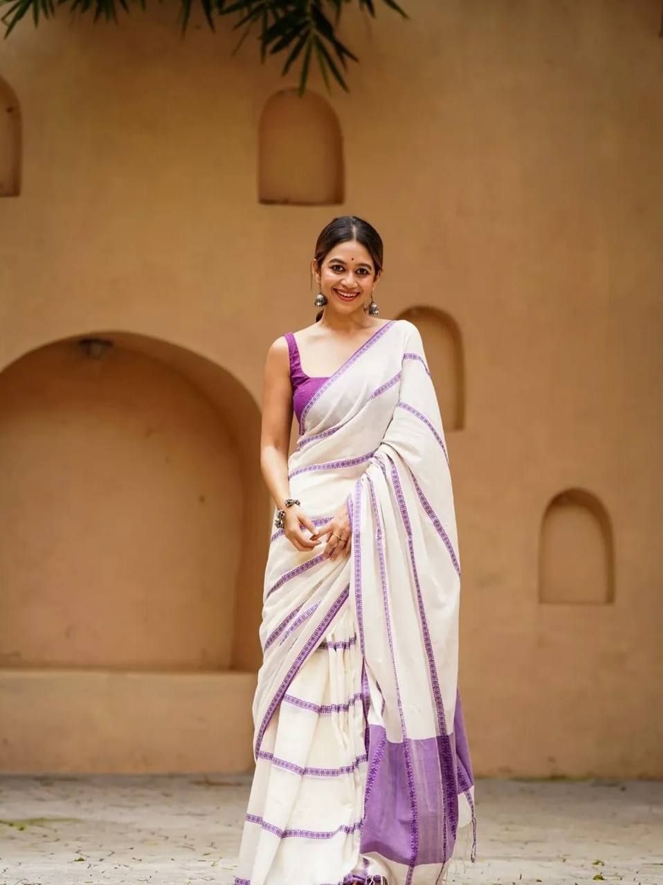 Women's White Linen Cotton Saree with Purple Woven Border