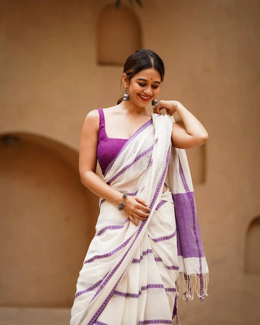Women's White Linen Cotton Saree with Purple Woven Border