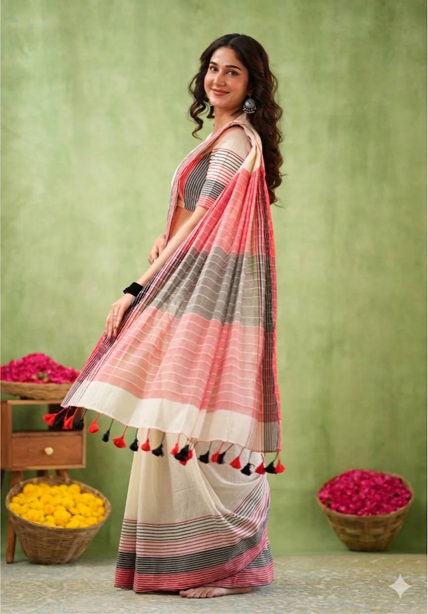 Traditional White Saree with Striped Pallu and Matching Blouse Piece