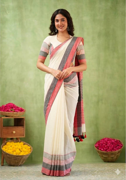 Traditional White Saree with Striped Pallu and Matching Blouse Piece