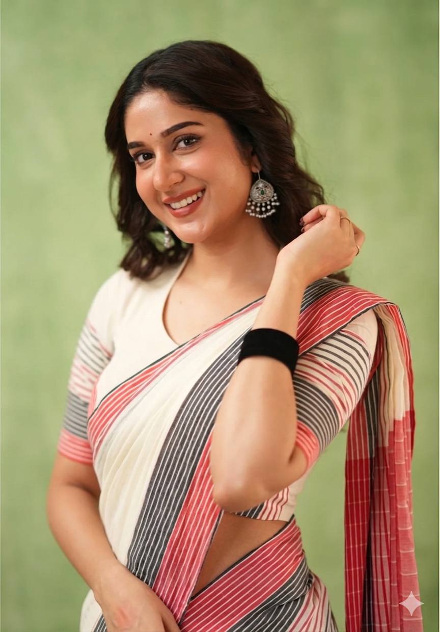 Traditional White Saree with Striped Pallu and Matching Blouse Piece
