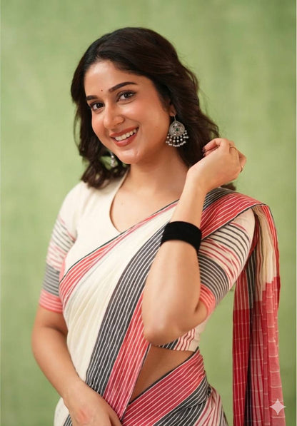 Traditional White Saree with Striped Pallu and Matching Blouse Piece